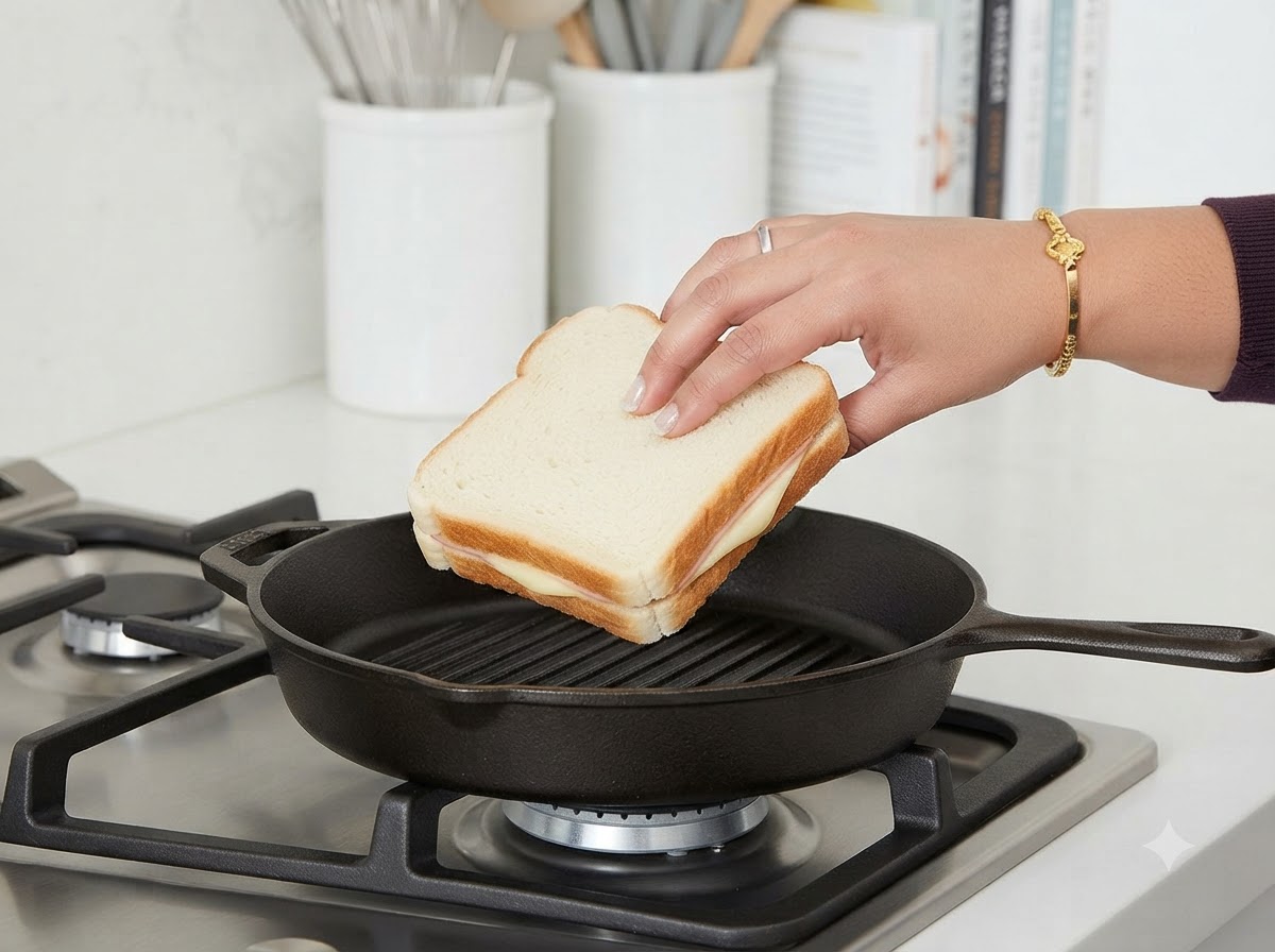 뜨거운 그릴 팬 안에서 손으로 샌드위치를 뒤집는 모습.