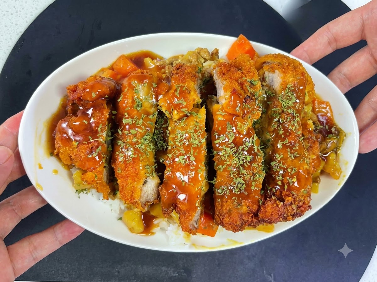 빵가루를 입힌 돼지고기가 뜨거운 기름에서 노릇하고 바삭해질 때까지 튀겨지는 모습.