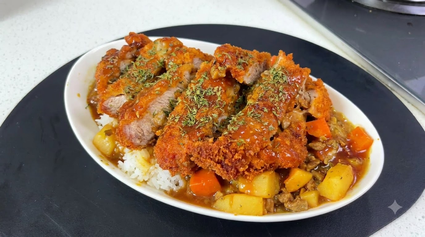 바삭하게 썰어낸 돈까스, 감칠맛 나는 카레 소스, 감자, 당근, 허브가 토핑된 일본식 카레 돈까스 덮밥 한 접시.