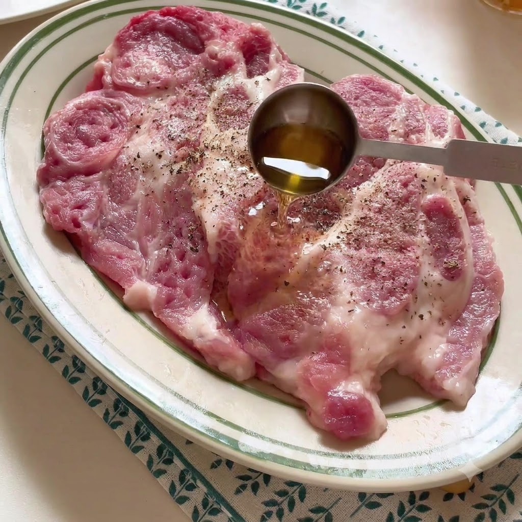 접시에 담긴 돈가스에 맛술과 향신료가 뿌려지는 모습.