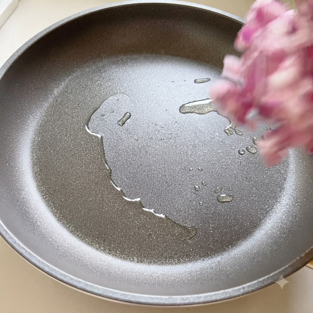 달궈진 팬에 기름과 함께 다진 마늘과 양파가 볶아지고 있는 모습.