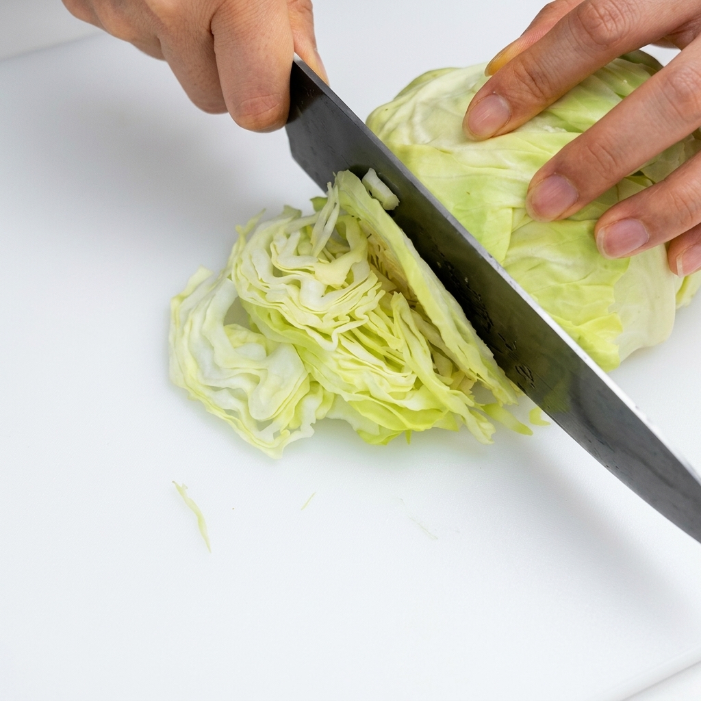 흰색 도마 위에서 식칼로 신선한 양배추 한 통을 가늘고 얇게 썰고 있는 모습.