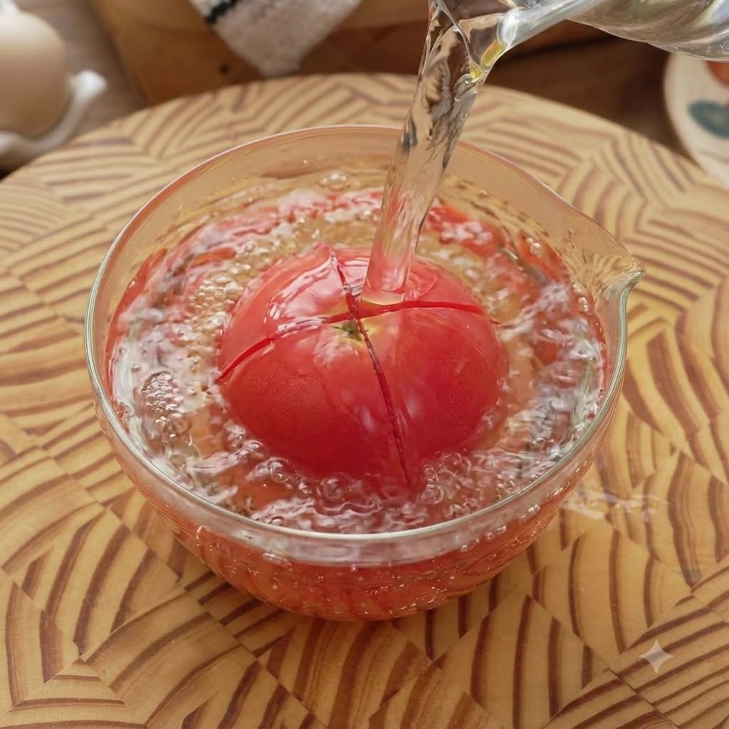 뜨거운 물이 담긴 유리 볼에 붉은색 토마토가 담겨 있고 물이 부어지는 모습.