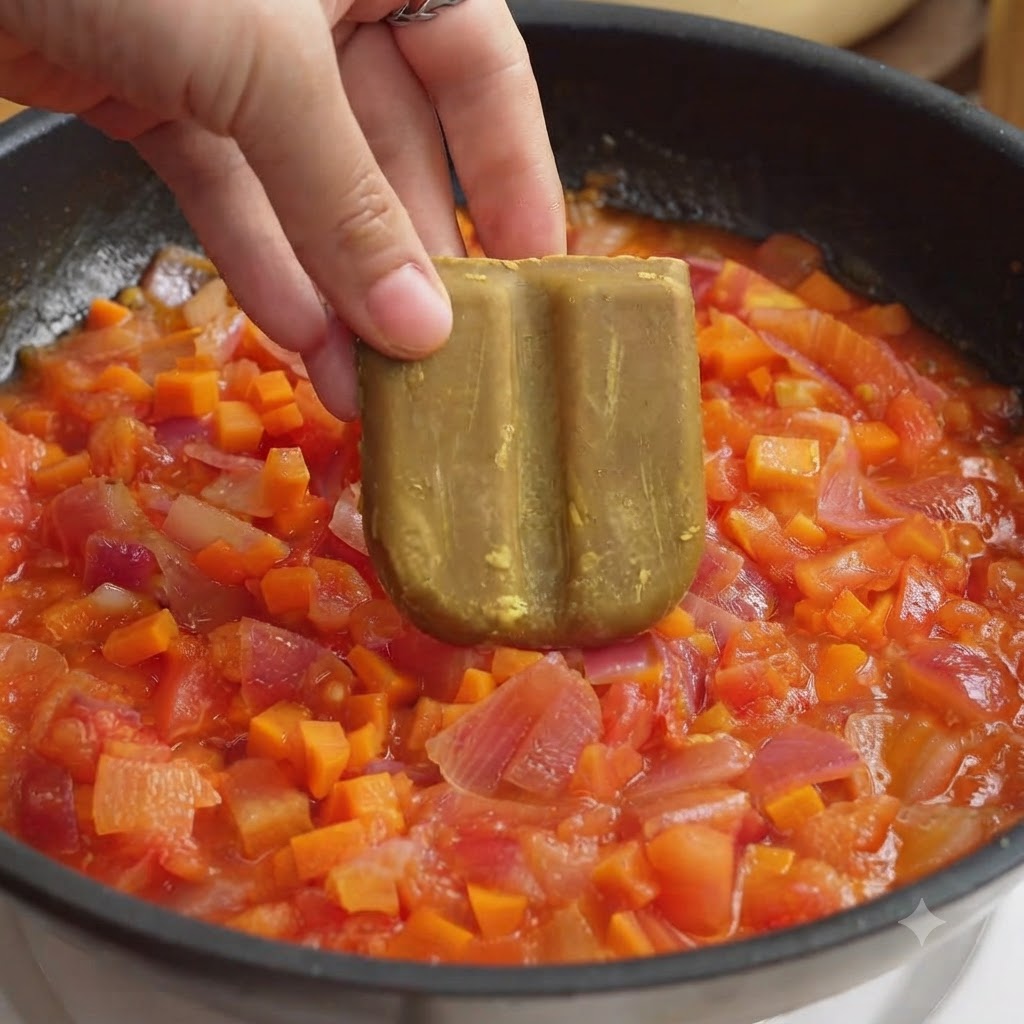 다진 토마토, 양파, 당근이 섞인 팬 위에서 손으로 카레 블록을 들고 있는 모습.