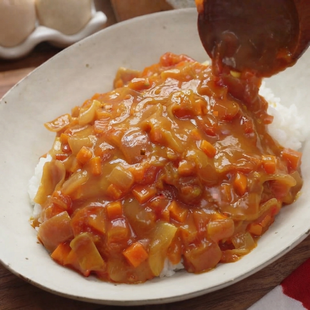 따뜻한 흰 쌀밥 위에 다진 토마토와 당근이 듬뿍 들어간 걸쭉하고 건더기 있는 카레 소스를 나무 숟가락으로 떠서 얹는 모습.