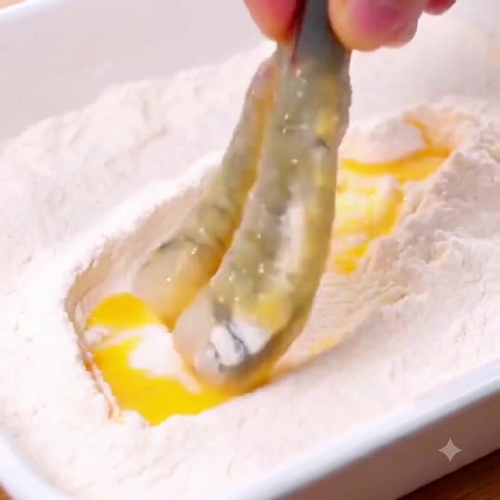 노란색 골든 빵가루가 가득 담긴 트레이에서 빵가루가 입혀진 새우를 들어 올리는 모습.