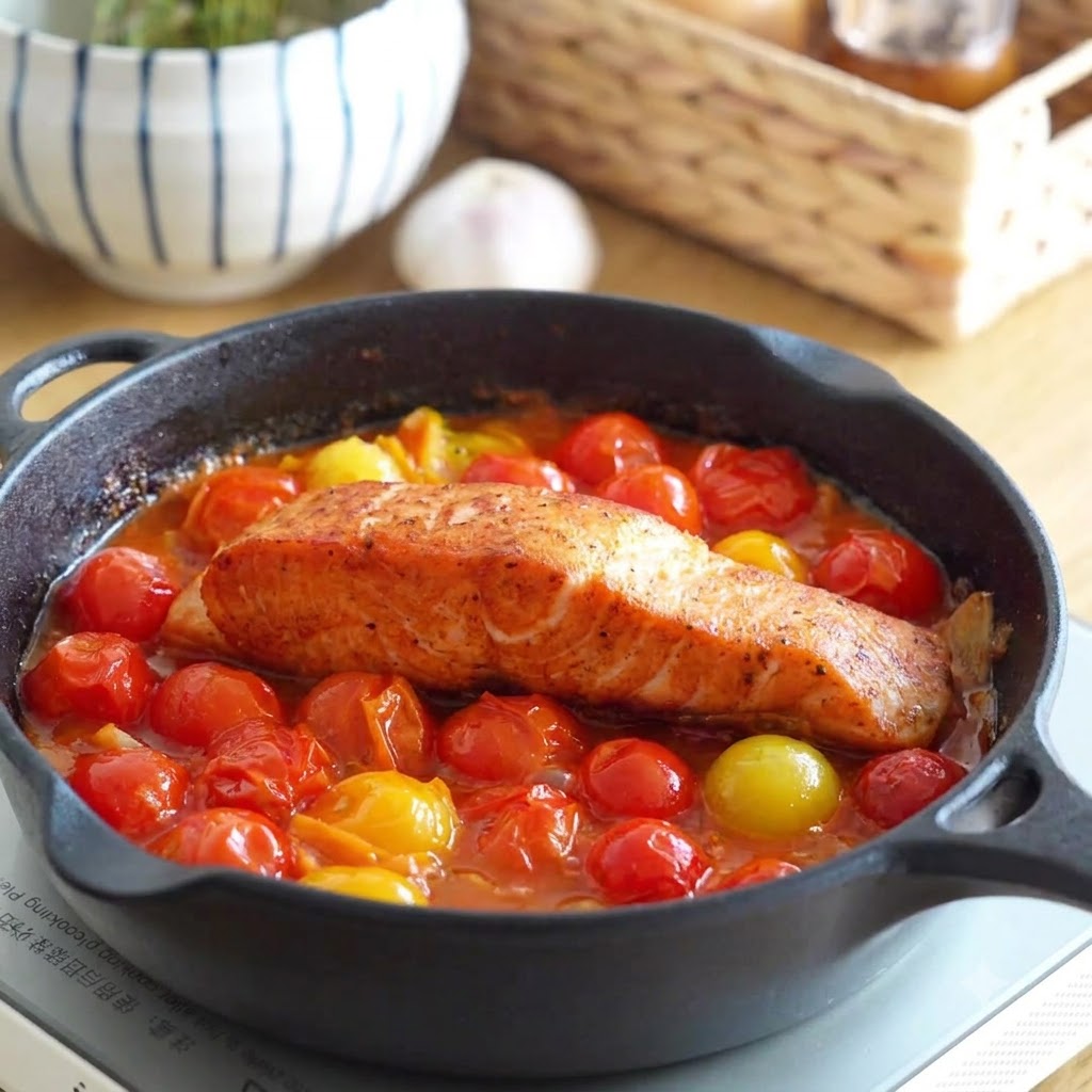 체리 토마토가 들어간 자작한 토마토 소스 베이스 위 무쇠 팬에 구운 연어 필레가 놓여 있는 모습