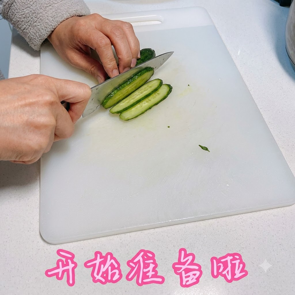 하얀 도마 위에서 칼로 오이를 얇게 채 써는 모습.