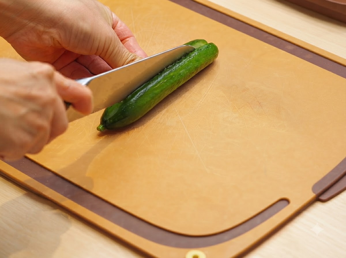 갈색 도마 위에서 날카로운 식칼로 오이를 길게 써는 모습.
