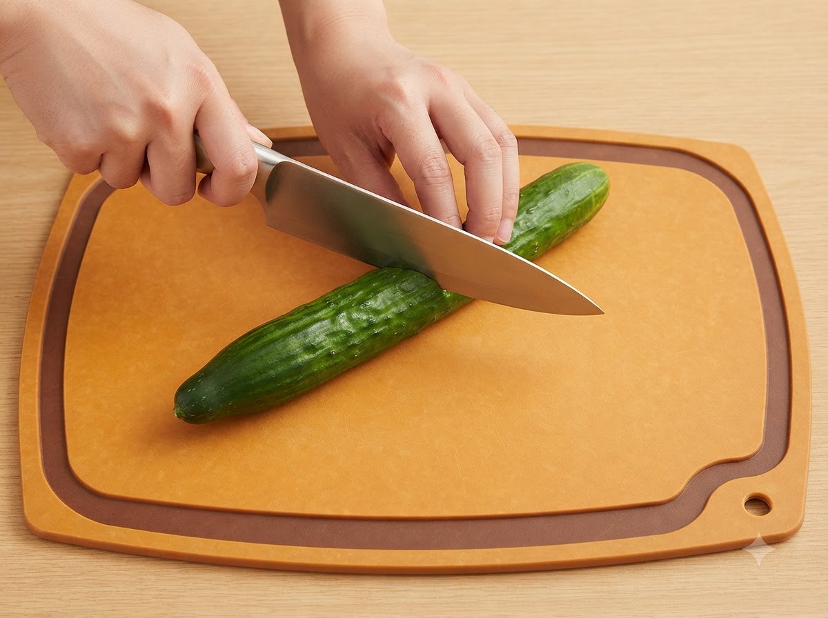 깨끗한 도마 위에서 방울토마토를 깔끔하게 반으로 자르는 모습.