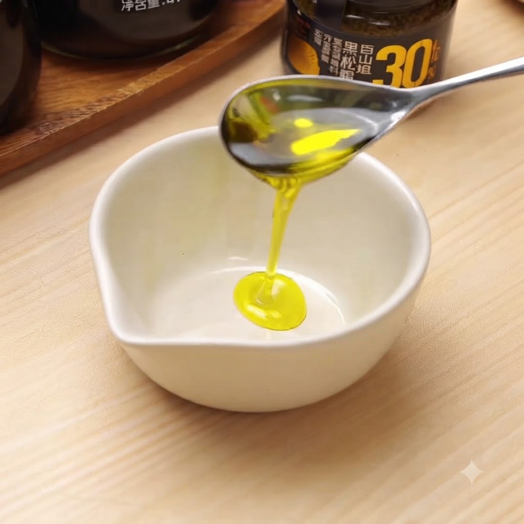 작은 흰 그릇에 올리브 오일과 다른 드레싱 재료를 붓는 모습.