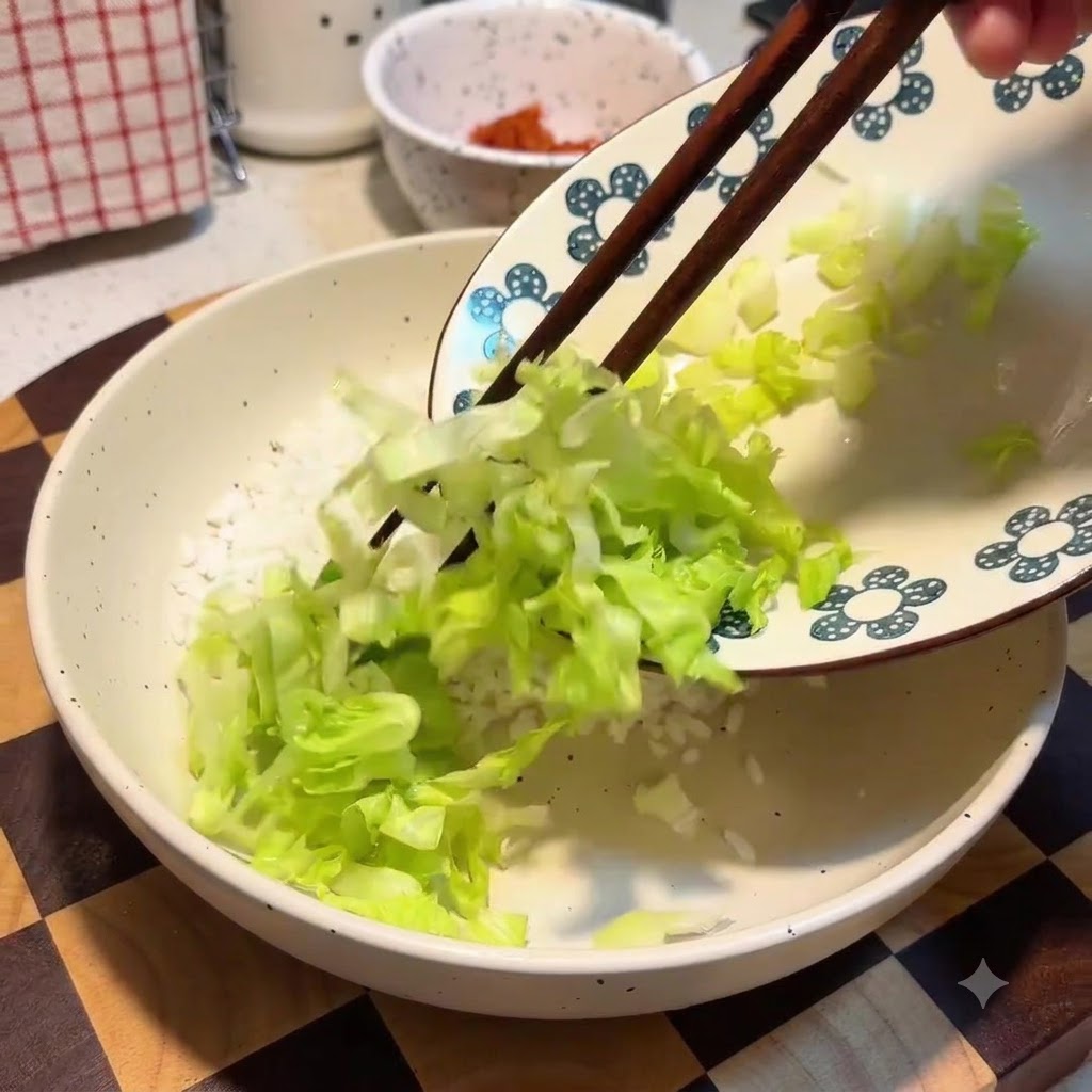 장식된 접시의 다진 초록색 양상추를 큰 그릇에 담긴 흰 쌀밥 위에 젓가락으로 옮겨 담는 모습.