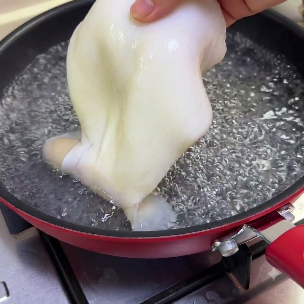 끓는 물이 담긴 냄비에 통오징어를 넣어 30초 동안 데치는 모습.