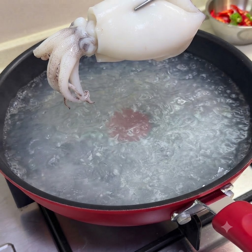 데쳐낸 오징어를 나무 도마 위에서 손가락 너비의 긴 스트립 형태로 썰고 있는 모습.