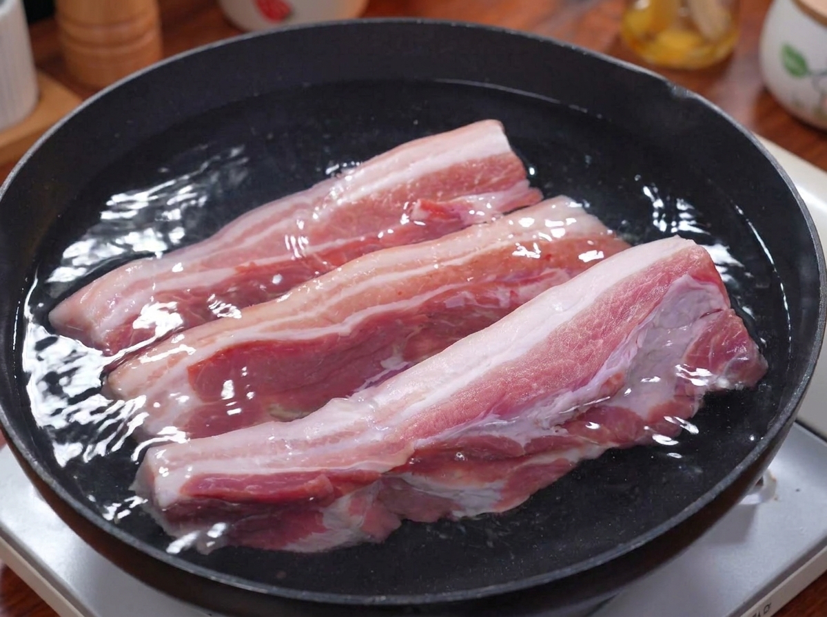 물과 생강, 대파가 담긴 냄비에 생삼겹살 세 줄이 놓여 있는 모습.