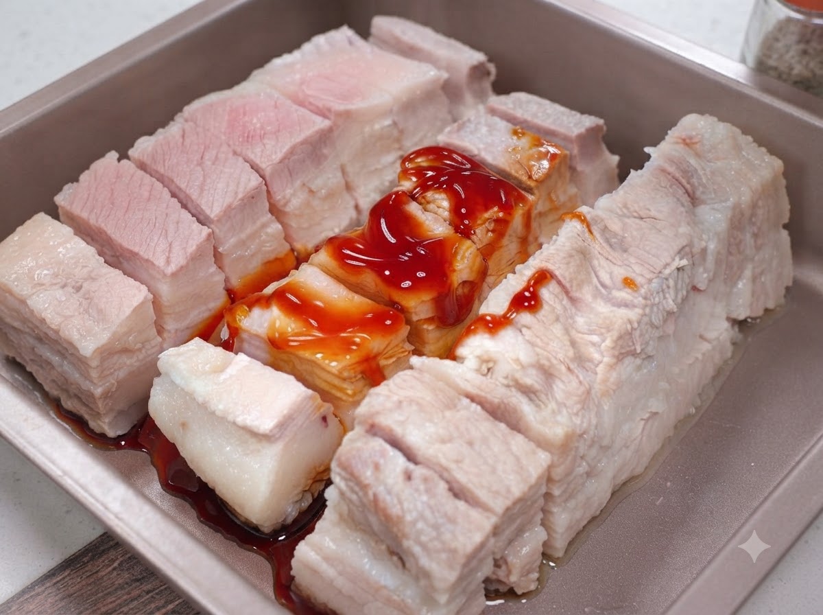 삼겹살에 바비큐 시즈닝 가루를 바르고 마사지하는 모습.