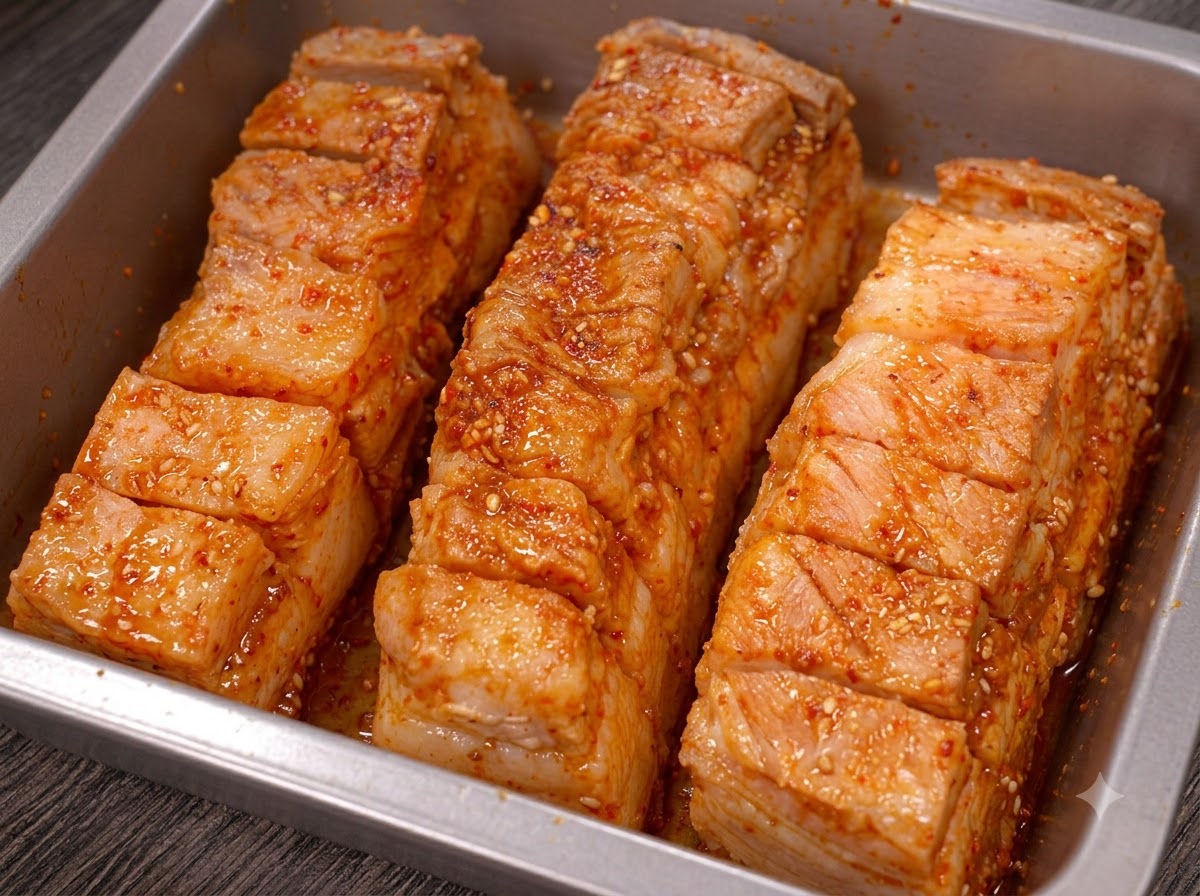 시즈닝된 삼겹살 줄이 알루미늄 호일에 단단히 감싸져 있는 모습.