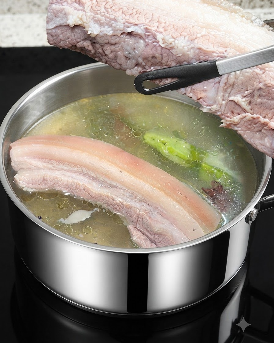 바닥 쪽 껍질은 자르지 않고 일정한 간격으로 칼집을 내는 삶은 삼겹살
