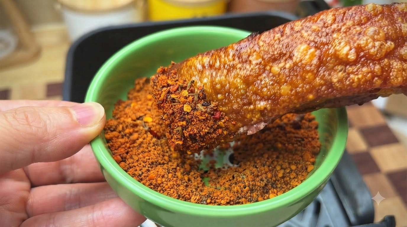 노릇하게 구워진 바삭한 삼겹살 구이를 맛있는 시즈닝 파우더에 찍어 먹는 모습