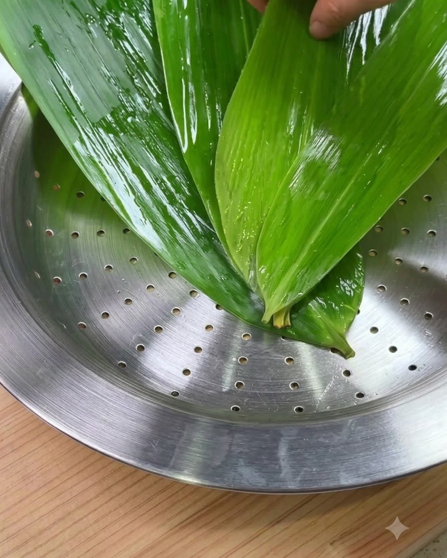 둥근 금속 찜기 바닥에 겹쳐서 깔려 있는 깨끗한 초록색 연잎