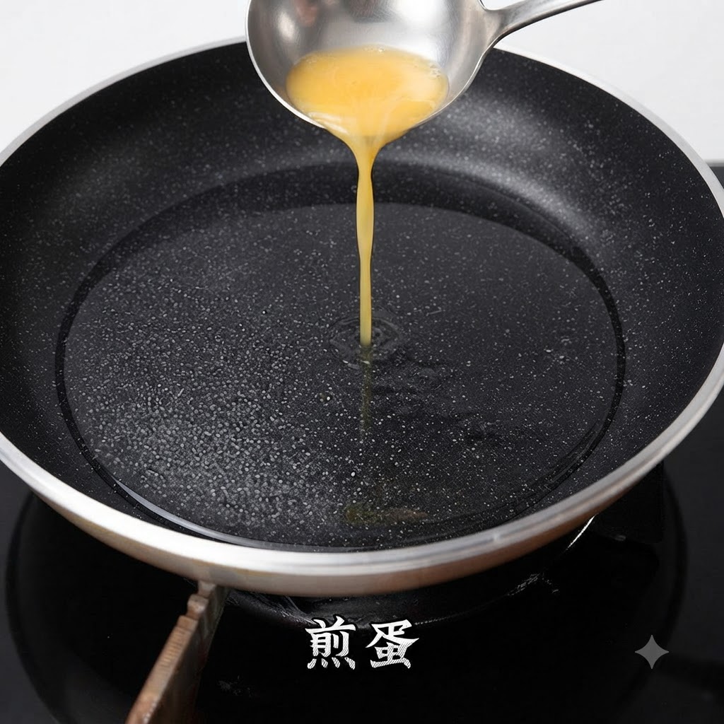 국자로 풀어놓은 달걀물을 달궈진 팬에 부어 얇은 오믈렛 시트를 만드는 모습.