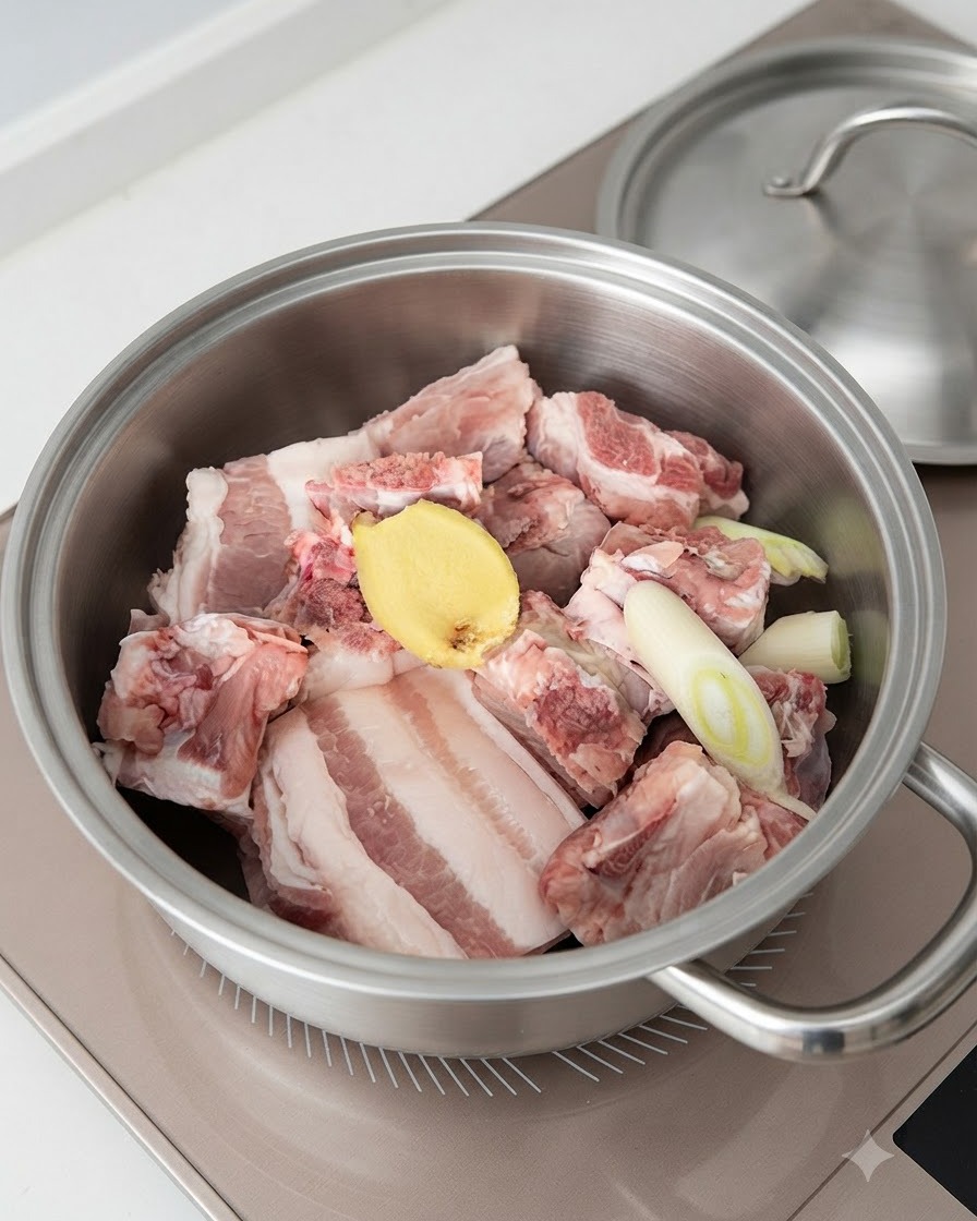 돼지고기 갈비, 생강 편, 쪽파, 그리고 데칠 준비가 된 액체가 담긴 금속 냄비.