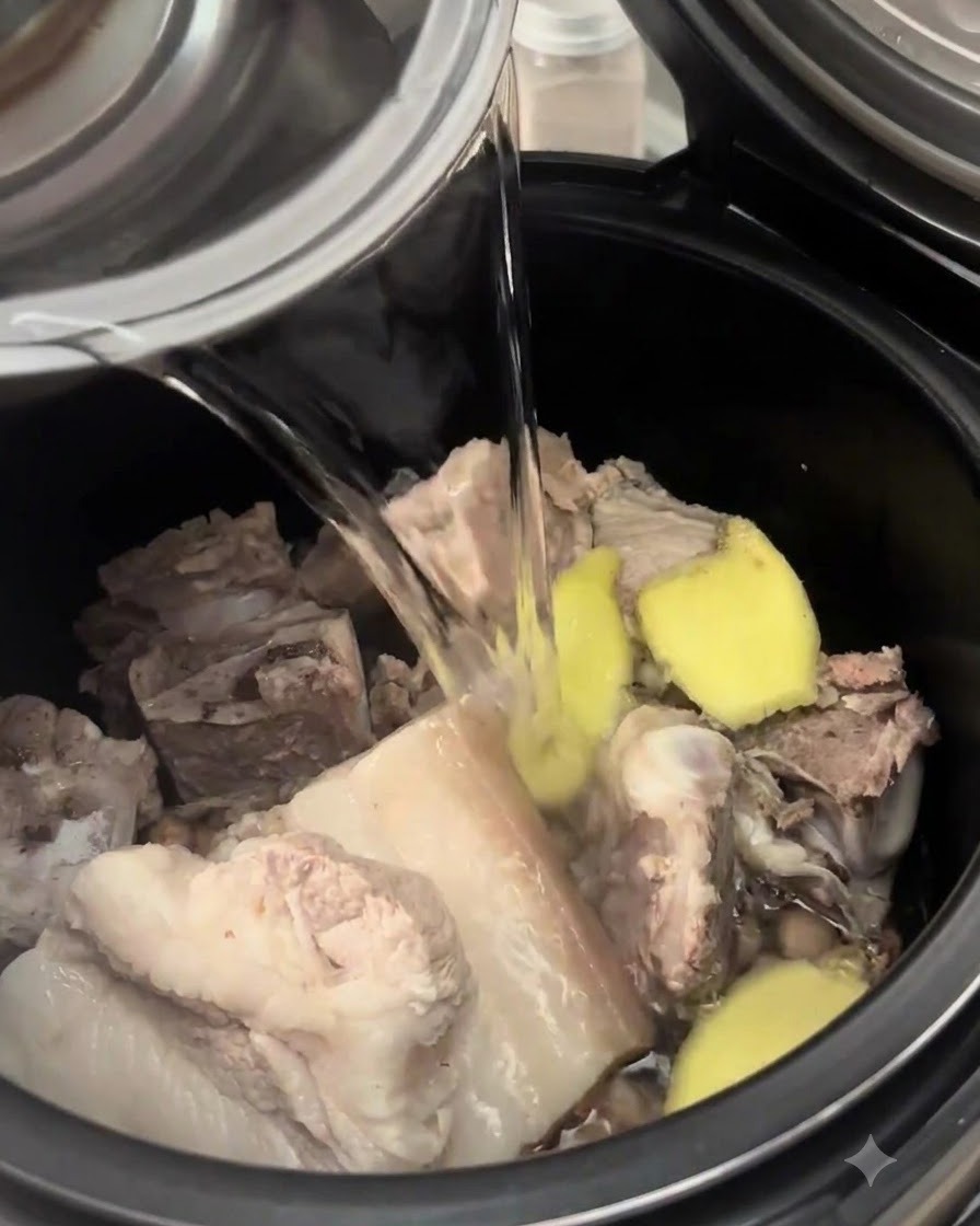 금속 주전자에서 돼지고기 갈비, 땅콩, 생강 편이 담긴 검은색 조리용 냄비로 물을 붓는 모습.