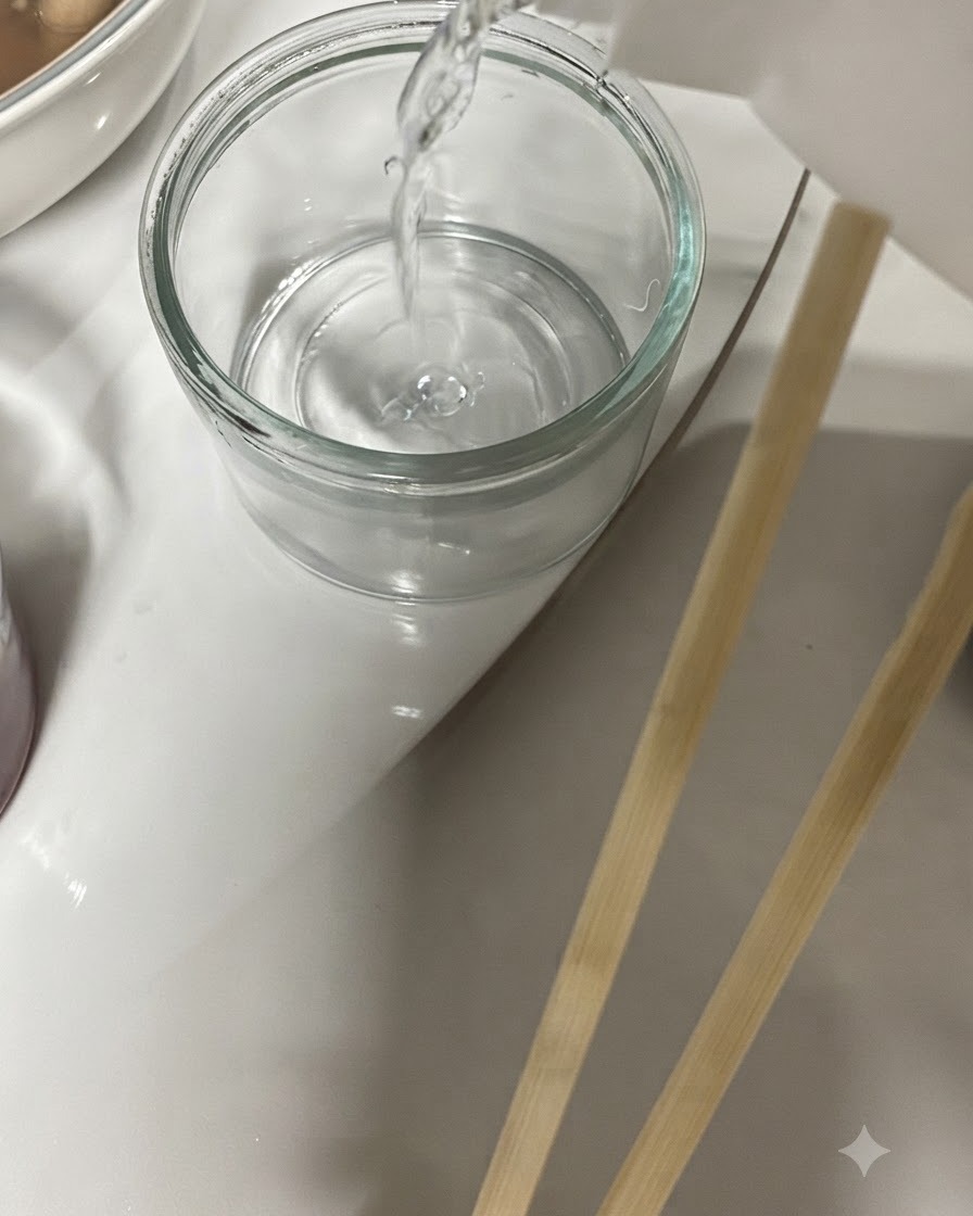 수프와 밥그릇 옆에 놓인 작은 유리잔에 병에서 투명한 술을 따르는 모습.