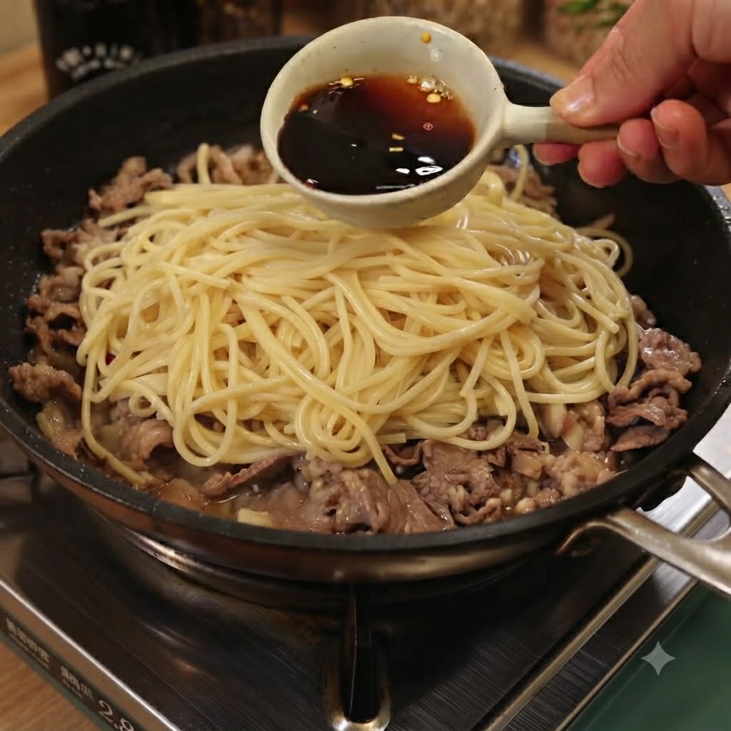 진한 소스가 국자와 함께 팬 속 스파게티 면과 소고기 위로 부어지는 모습.