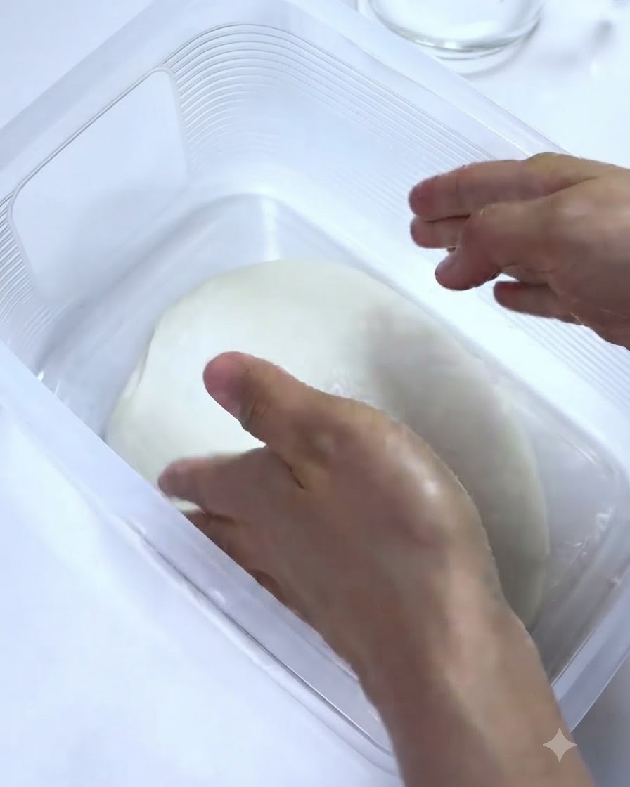 용기 안에서 젖은 손으로 반죽을 접는 동작을 하는 모습