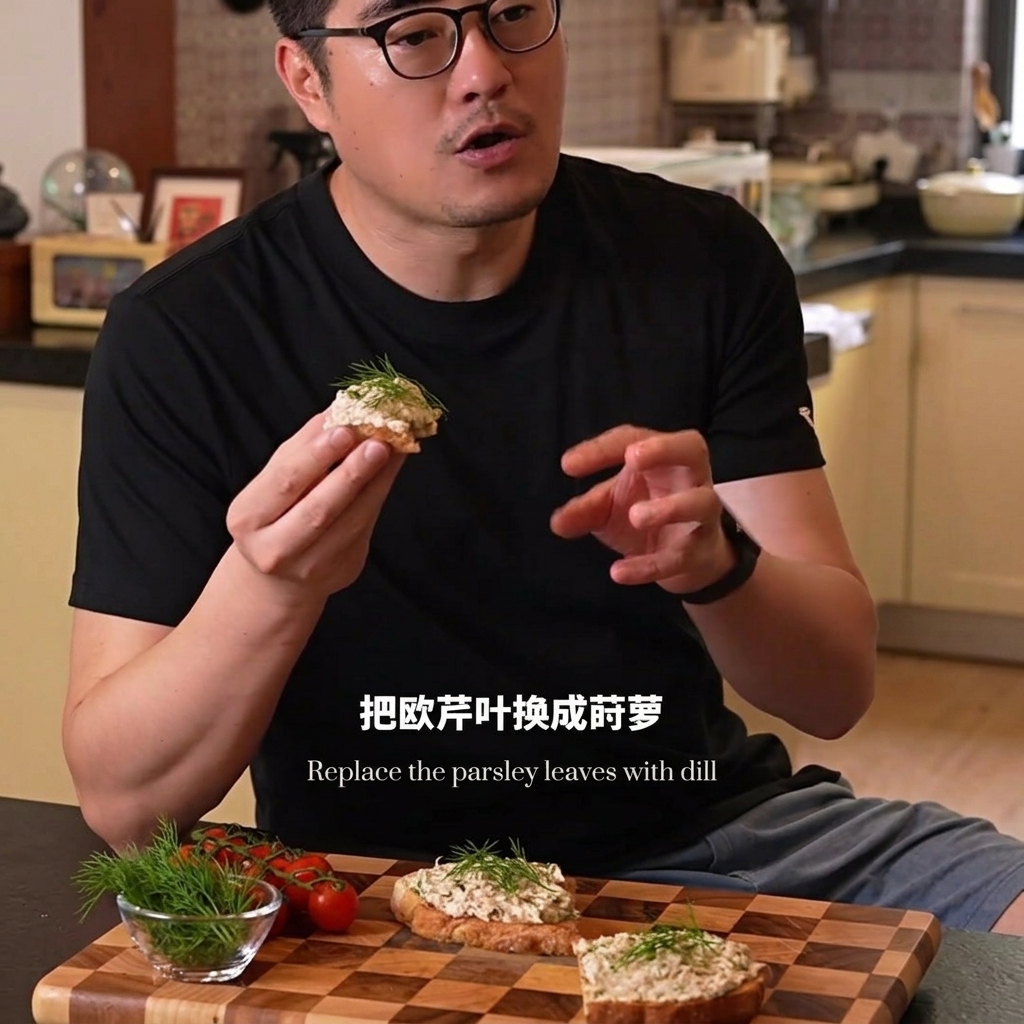 완성된 참치 치즈 오픈샌드위치를 들고 있는 사람의 모습, 도마 위에는 신선한 허브와 방울토마토가 보임.