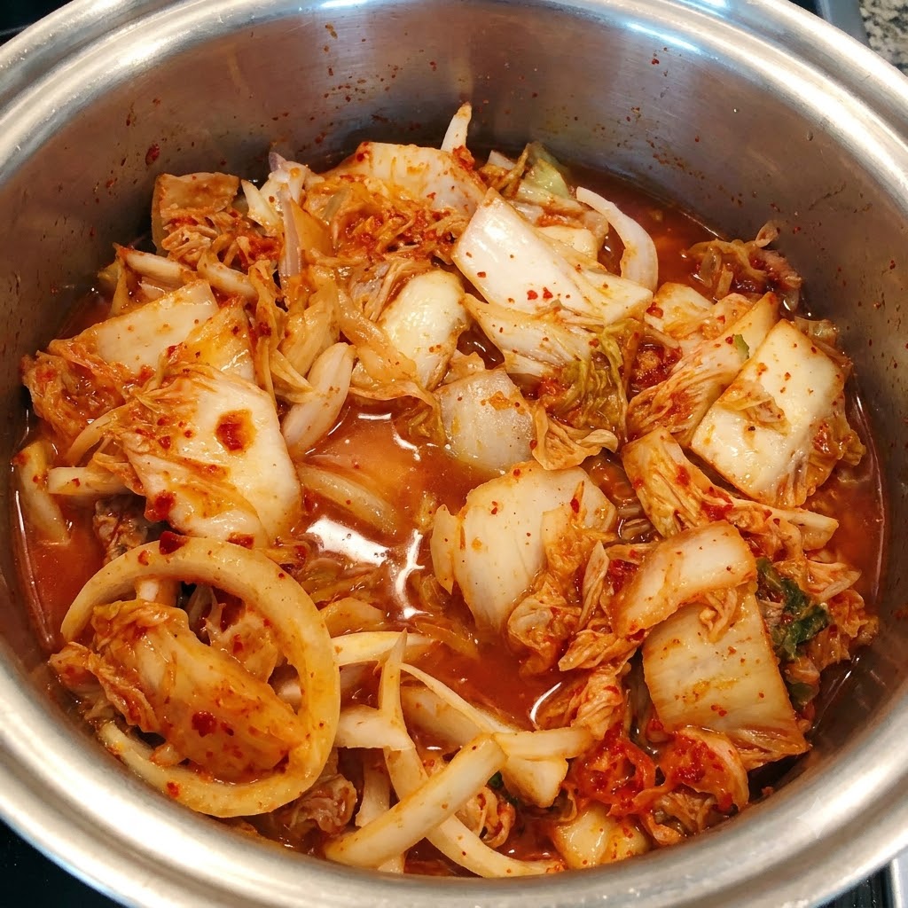 볶아둔 김치와 참치 혼합물 위로 적당량의 물을 붓고 있는 모습