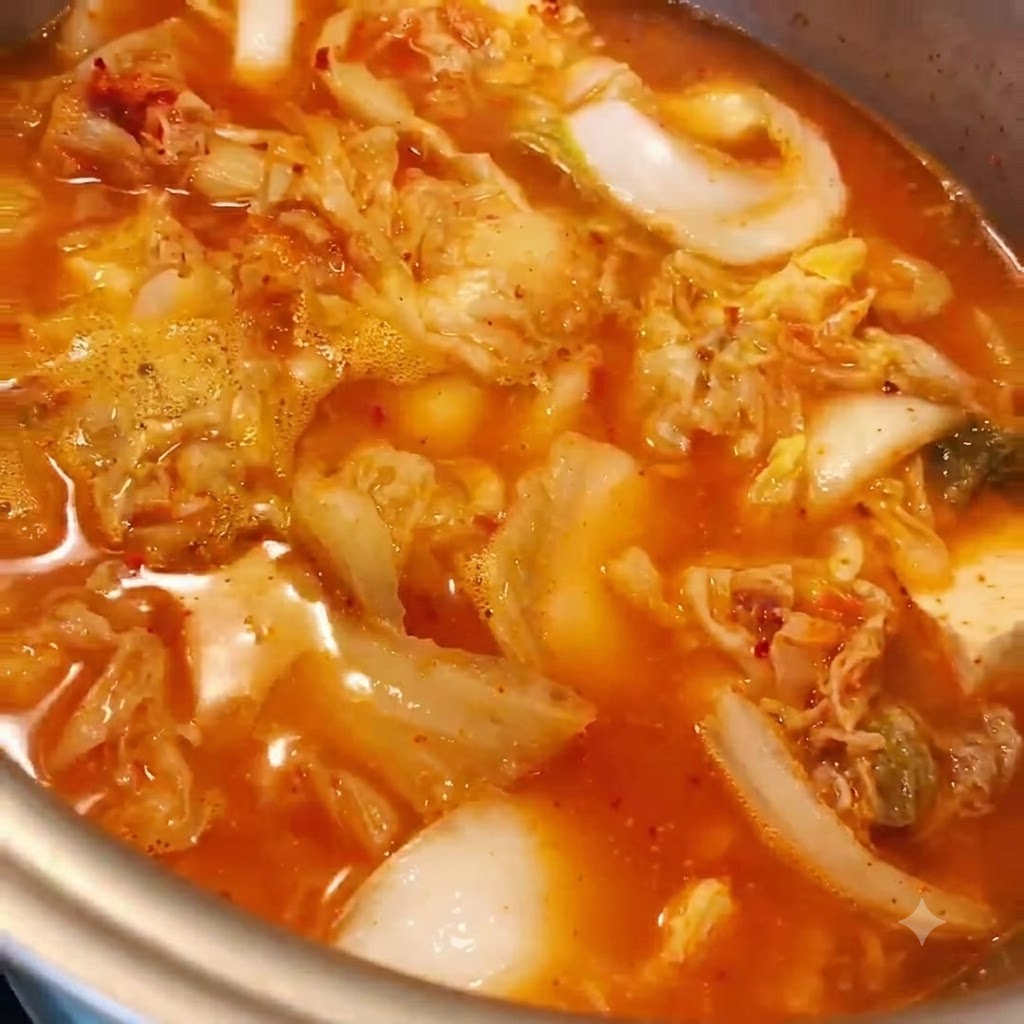 뚜껑이 덮인 채 김치찌개가 보글보글 끓고 있는 냄비의 모습