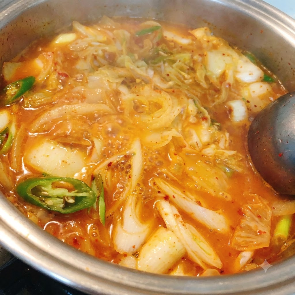 끓고 있는 찌개에 썬 청고추를 넣고 있는 모습
