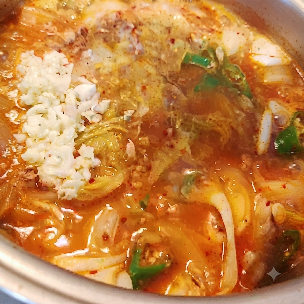 찌개에 다진 마늘을 넣고 잘 섞어 마무리하는 모습