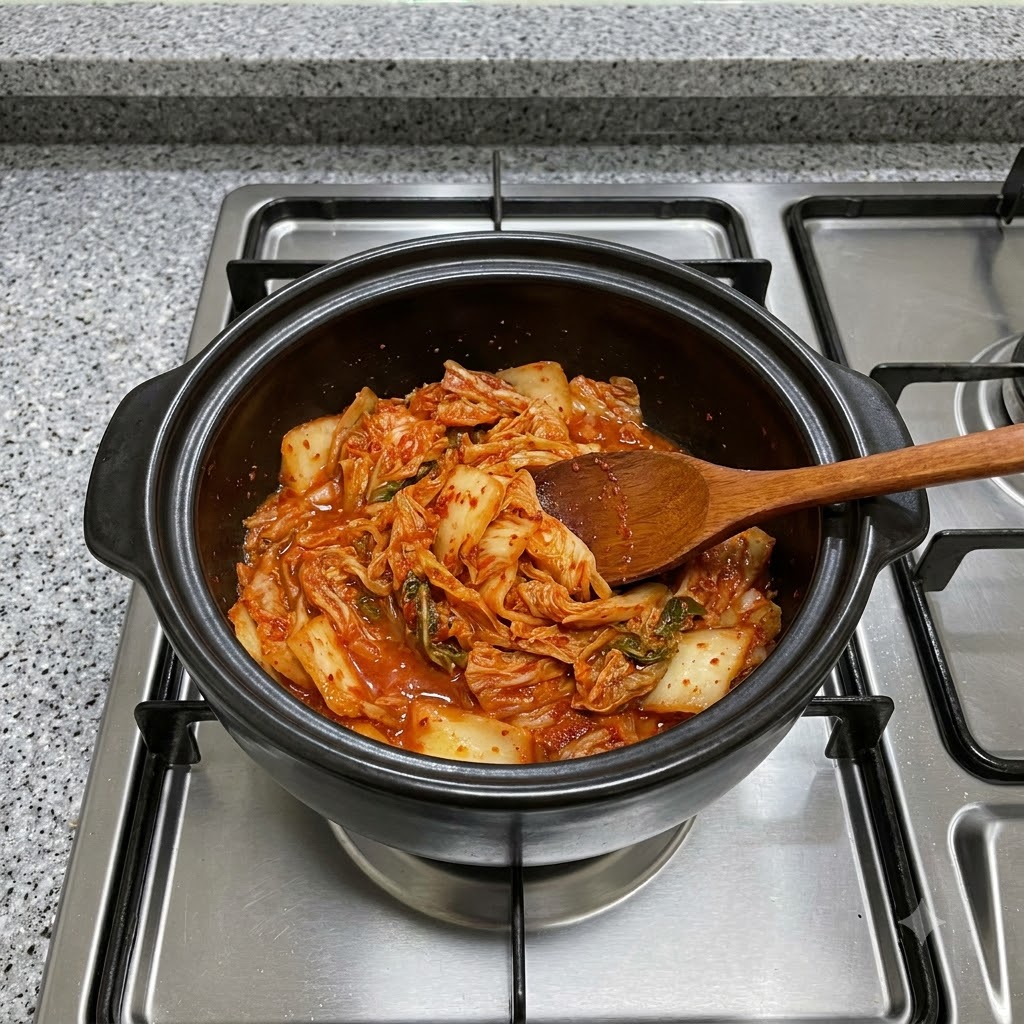 가스레인지 위 검은 뚝배기에서 나무 숟가락으로 빨간 김치를 볶고 있는 모습
