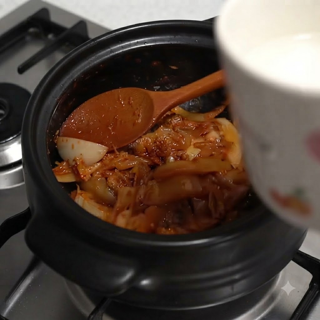 볶아진 김치와 양파가 담긴 뚝배기에 하얀 컵으로 물을 붓고 있는 모습