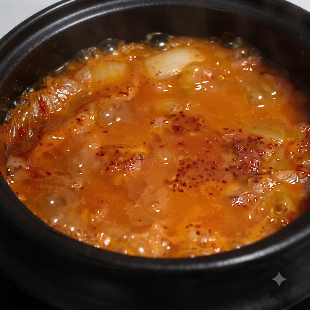 보글보글 끓는 김치찌개 위에 큼직하게 얹혀 있는 참치 살코기들