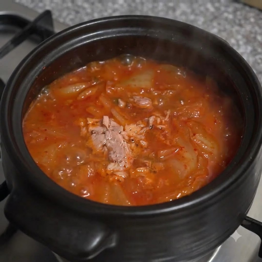 뚝배기에 담긴 뜨거운 김치참치찌개 표면에 송송 썬 대파가 흩뿌려진 모습