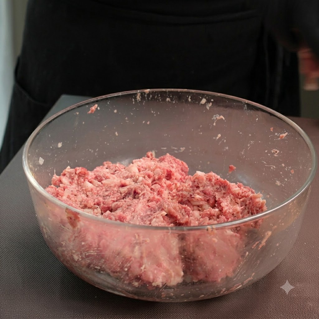 저울 위에서 준비된 고기 반죽의 일부분을 측량하여 공 모양으로 둥글게 빚는 모습.