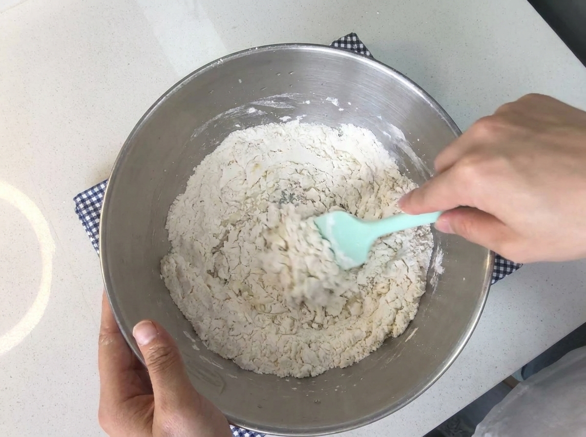 스테인리스 볼 안에서 손으로 반죽 재료들을 힘차게 치대며 섞는 모습.