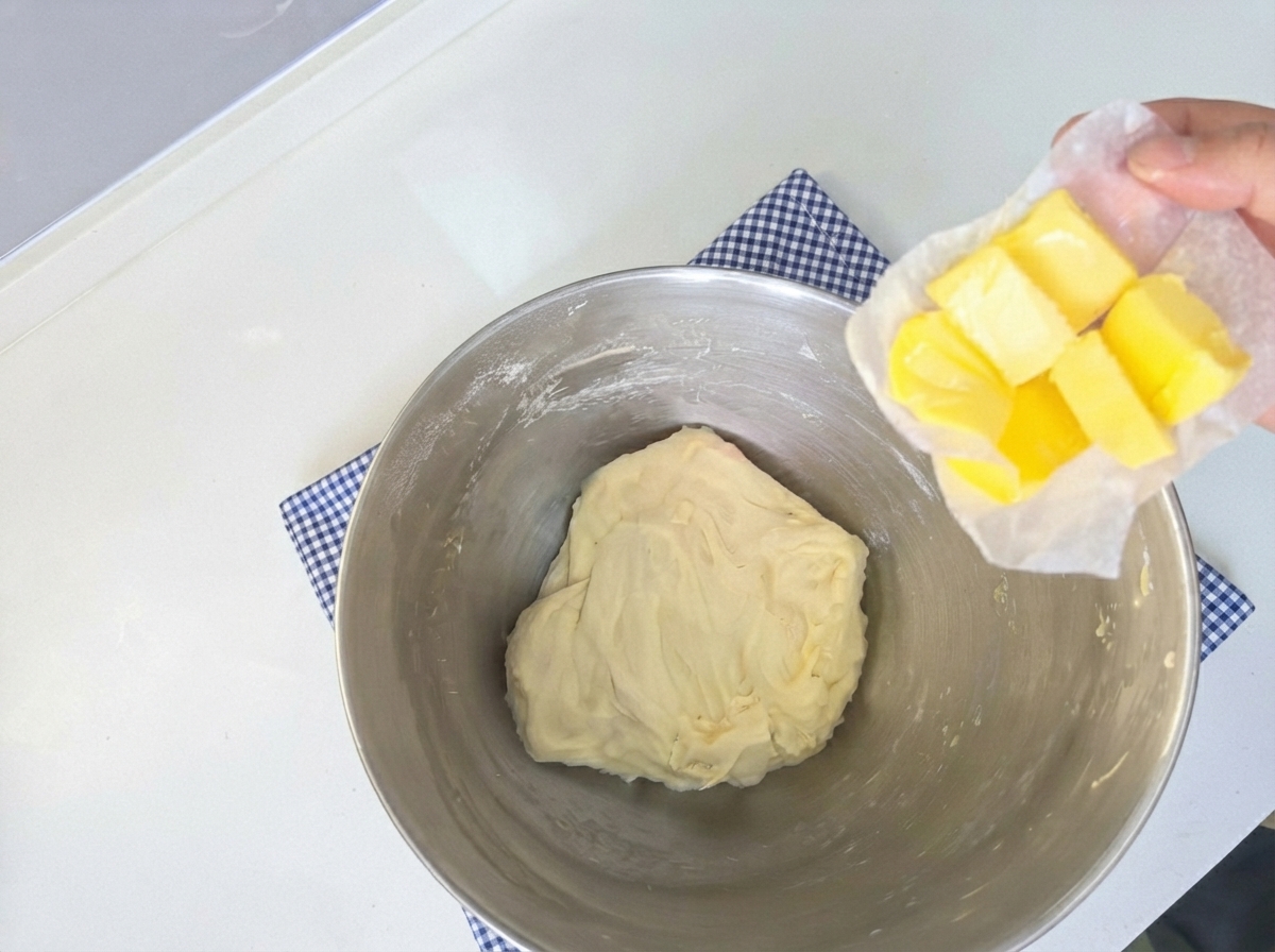 반죽이 담긴 볼 옆 유산지 위에 부드러워진 버터 조각들이 놓여 있는 모습.