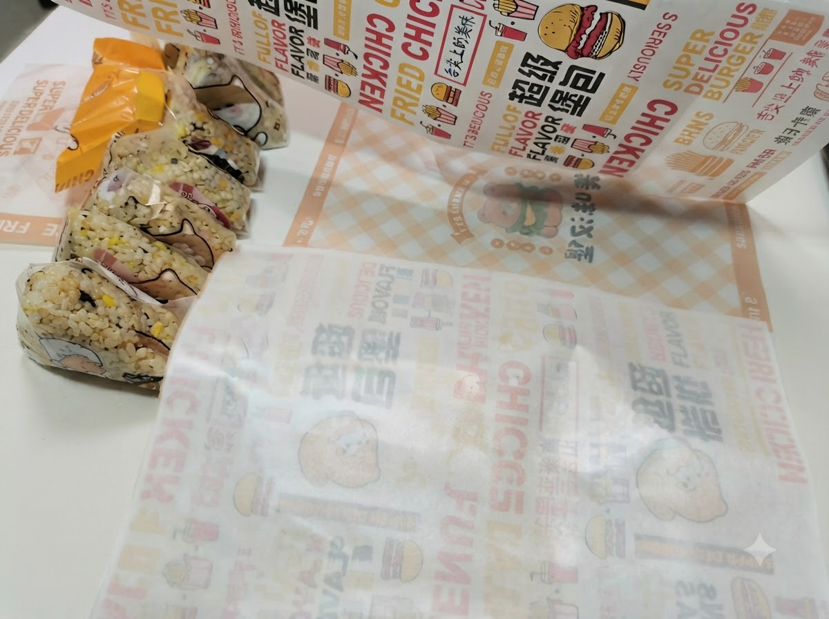 패턴 면이 아래로 향하게 펼쳐진 포장지 위에 데워진 번 반쪽들이 놓여 있는 모습.
