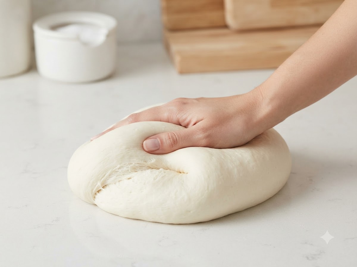 깨끗한 흰색 조리대 위에서 매끄러운 반죽을 손으로 치대고 누르는 모습.