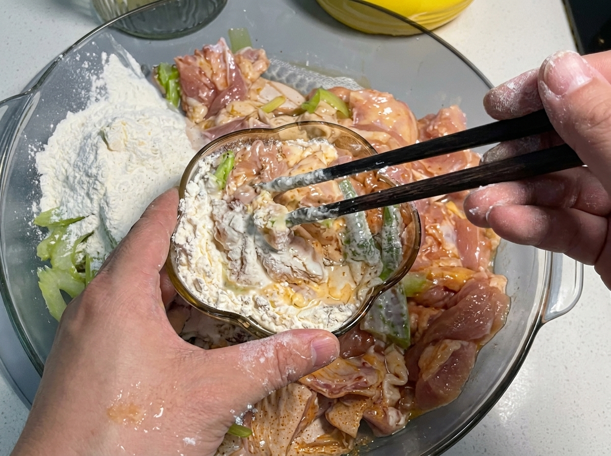밑간한 닭고기와 썬 셀러리가 담긴 큰 유리 볼에 작은 볼의 전분 반죽을 붓는 모습.