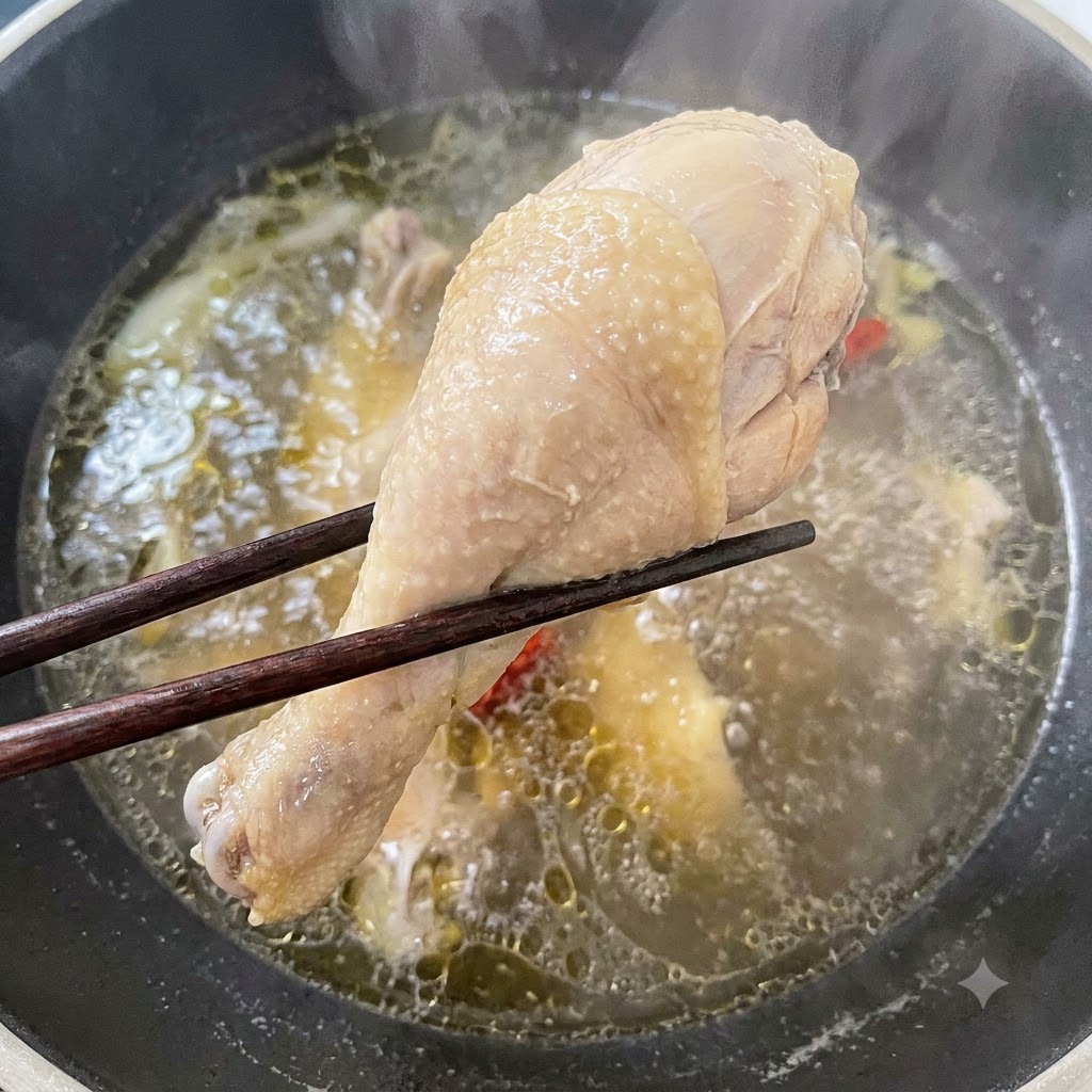 젓가락으로 끓는 육수에서 잘 익은 닭다리살을 건져내는 모습.