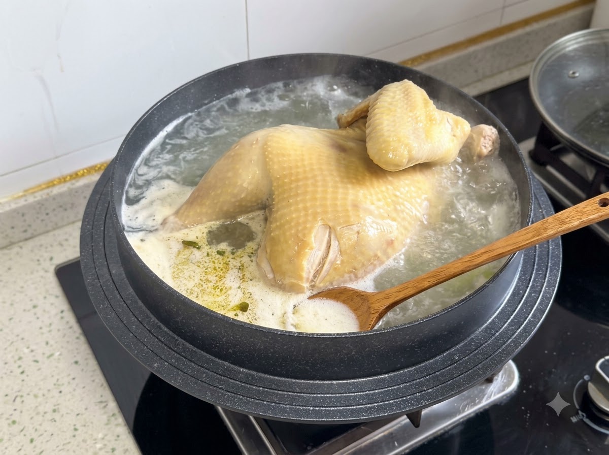 끓어오르는 닭 육수 표면의 거품과 기름을 나무 숟가락으로 걷어내는 모습
