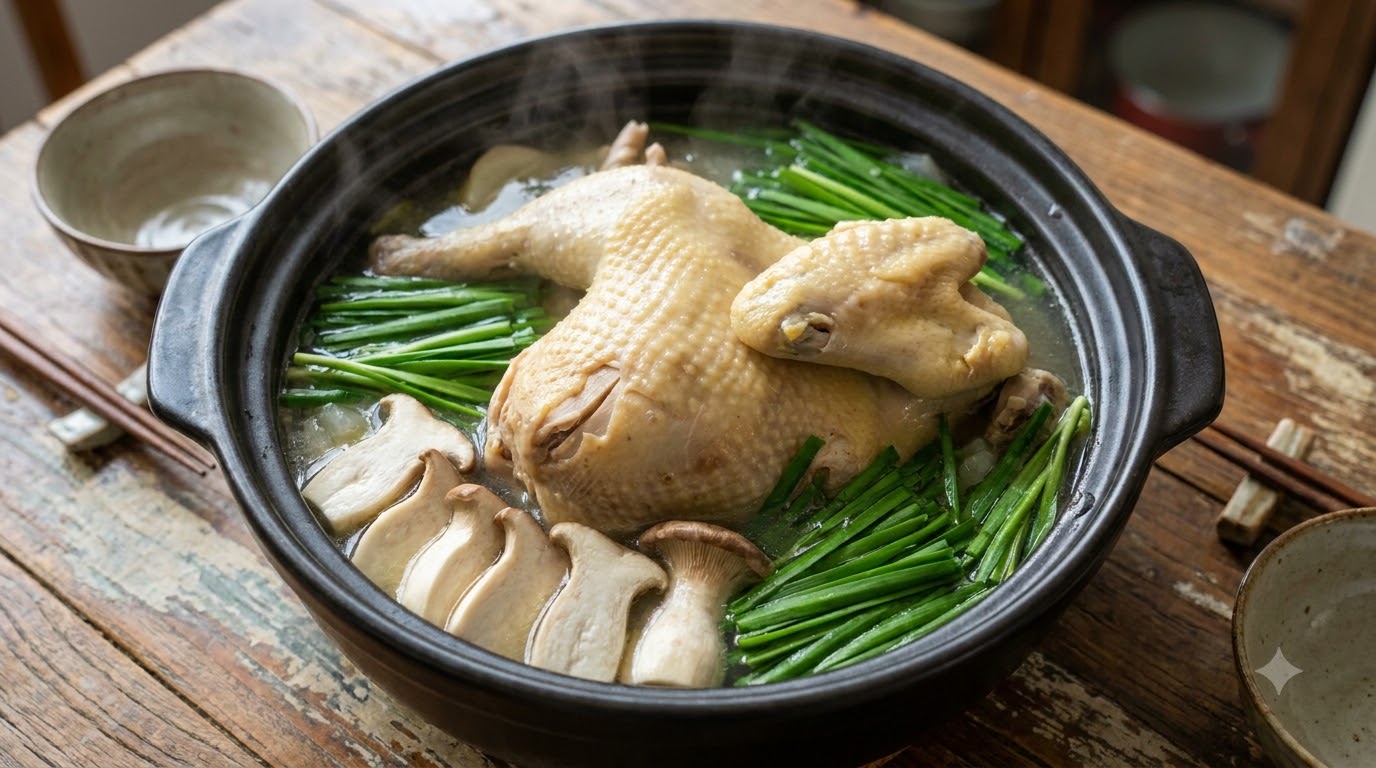 맑은 닭 한 마리 백숙과 매콤 새콤한 마늘 고추 소스 및 우동 면