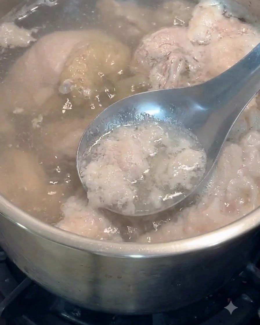 금속 숟가락으로 닭고기가 끓는 물에서 생기는 회색 거품과 불순물을 걷어내는 모습.
