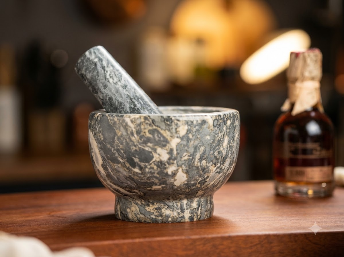 A stone mortar and pestle resting on a wooden countertop after crushing garlic and chilies.